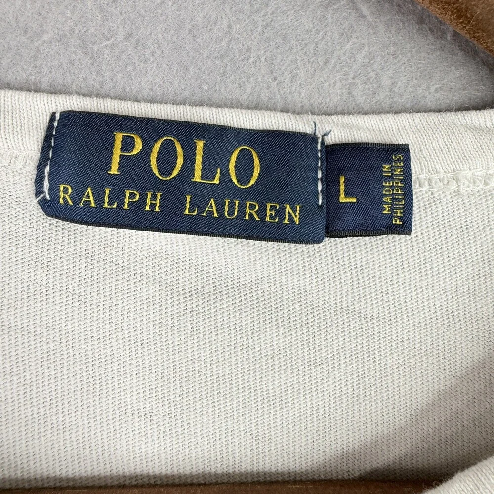 Polo Ralph Lauren Mens Long Sleeve Shirt Large White Navy Blue Graphic Logo